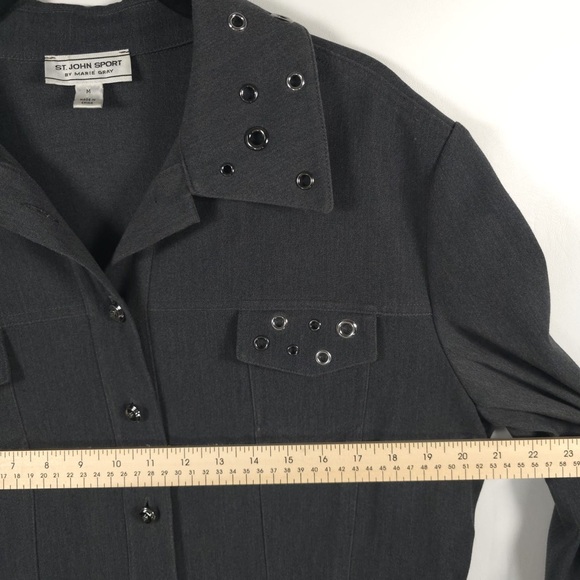 ST. JOHN SPORT MARIE GRAY Stretch Light Blazer Coat Silver Grommet Studs MEDIUM - Picture 5 of 13
